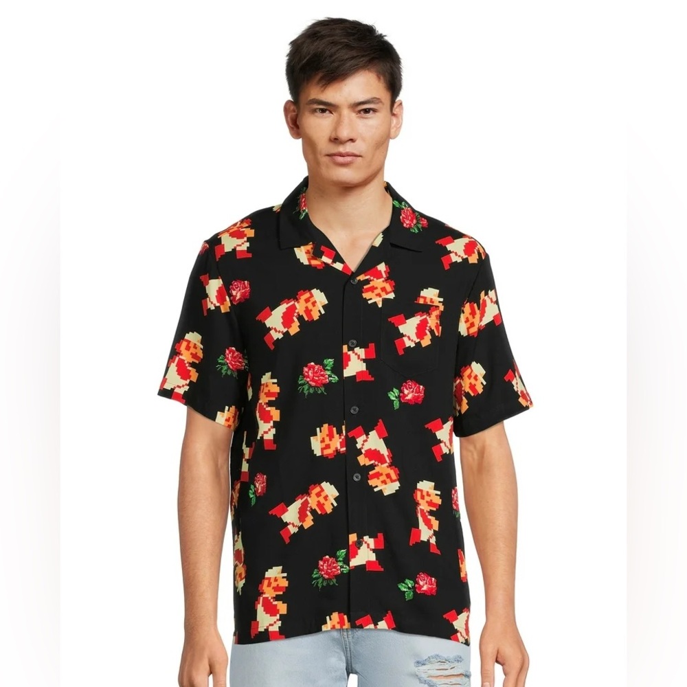 Super Mario Men’s Floral Pixel Print Button-Up Shirt – Medium – Like New